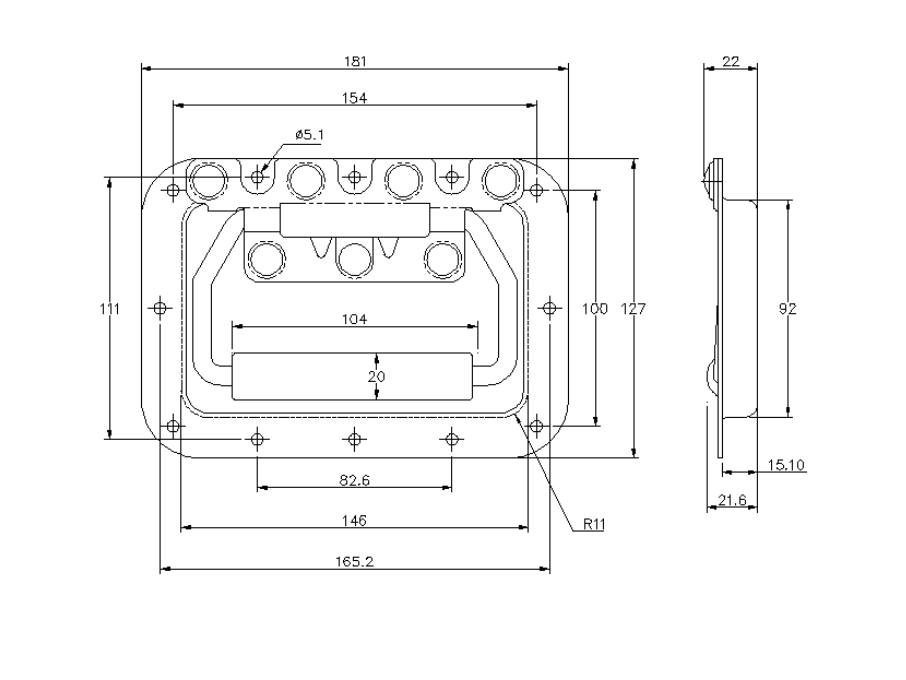 Flip handles, steel, spring-loaded, recessed, H= 127 mm, B= 181 mm