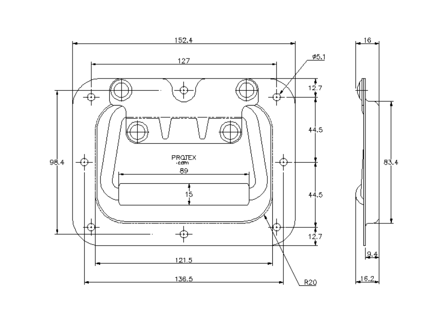 Flip handles, steel, spring-loaded, recessed, H= 114,4 mm, B= 152,4 mm