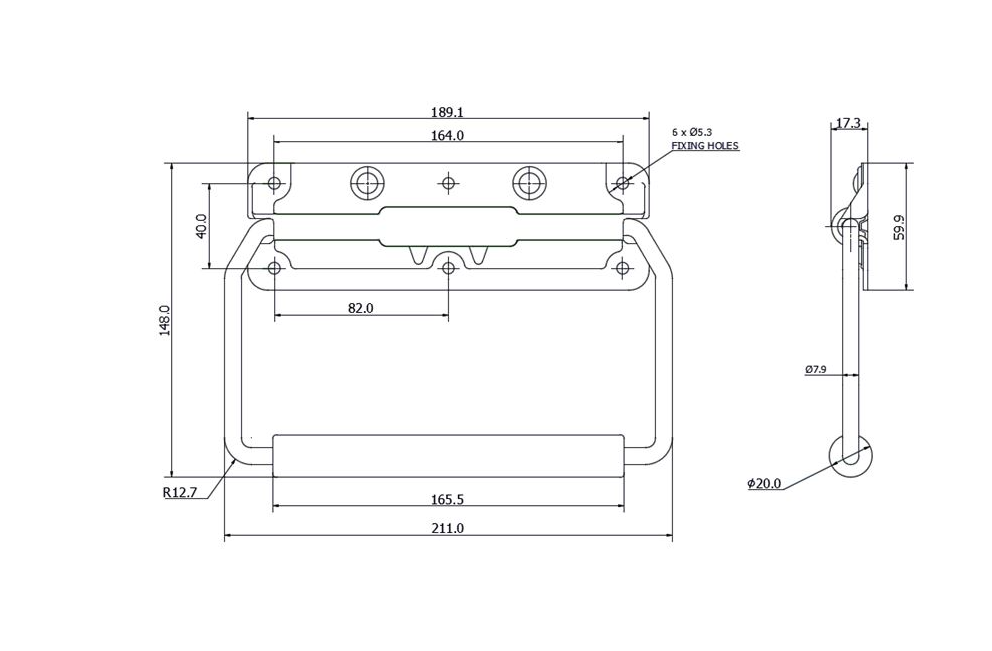 Chest handle, steel, spring-loaded, H= 148 mm, B= 211 mm