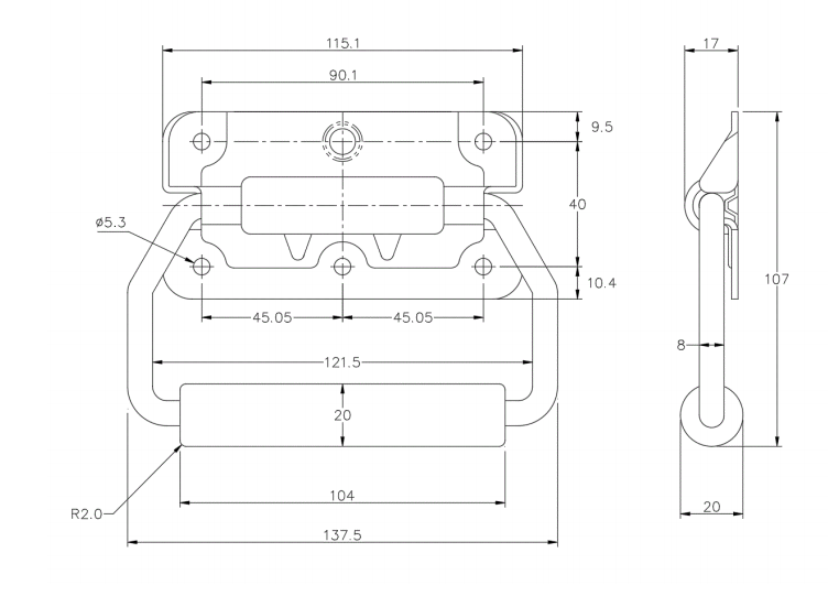 Flip handles, steel, spring-loaded, H= 107 mm, B= 137,5 mm