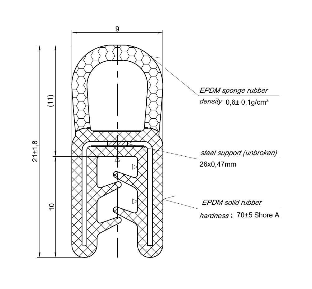 Edge profile w/top bulb, black EPDM, clamping width = 1 - 2,5mm