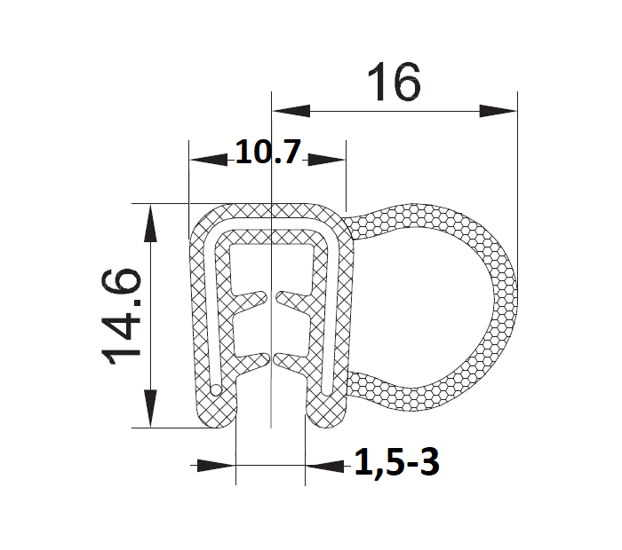 Edge profile w/side bulb, black EPDM, clamping width = 1,5 - 3mm