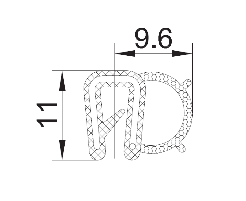 Edge profile w/side bulb, black EPDM, clamping width = 1 - 2mm