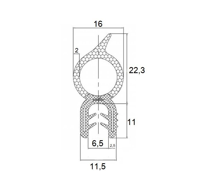 Edge profile w/top bulb, black EPDM, clamping width = 2,5 - 4 mm