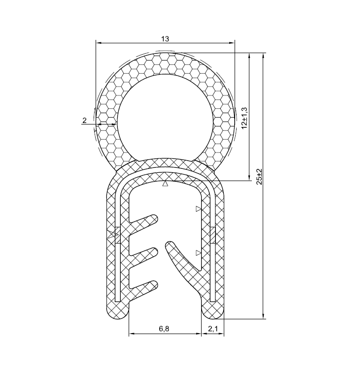 Edge profile w/top bulb, black NBR, clamping width = 6 - 8 mm