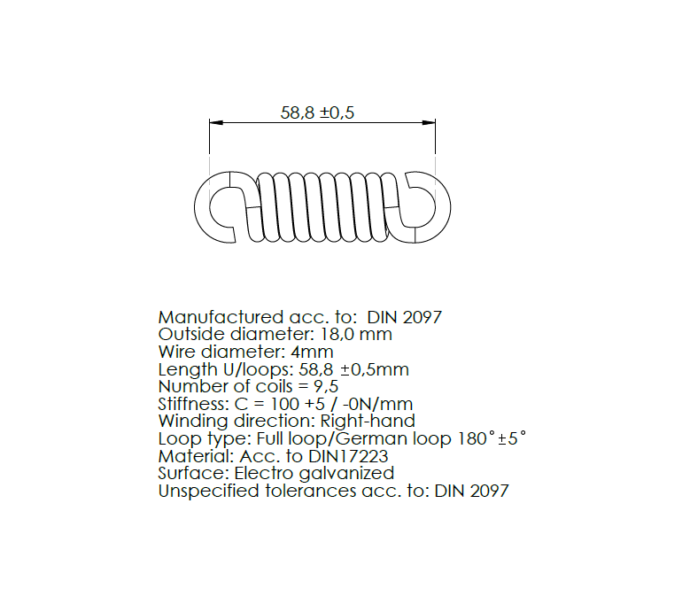 Extension spring, steel, d=4mm, Dm=14mm, Lo=58,8mm