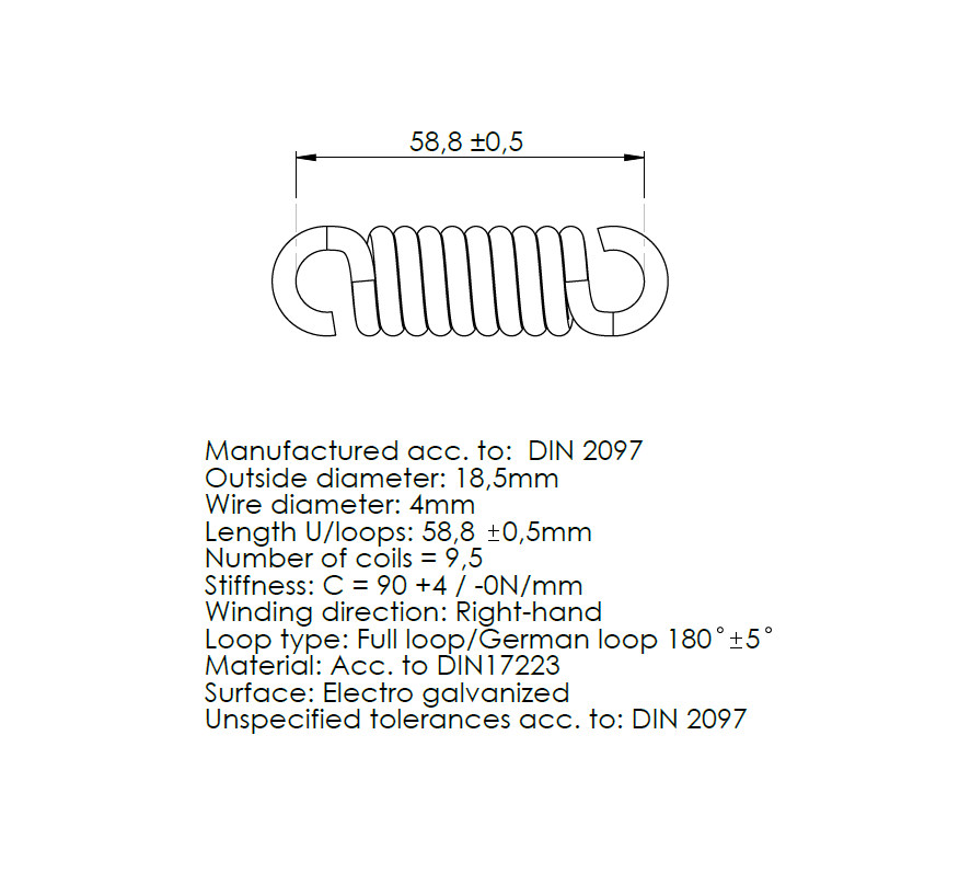 Extension spring, steel, d=4mm, Dm=14,5mm, Lo=58,8mm
