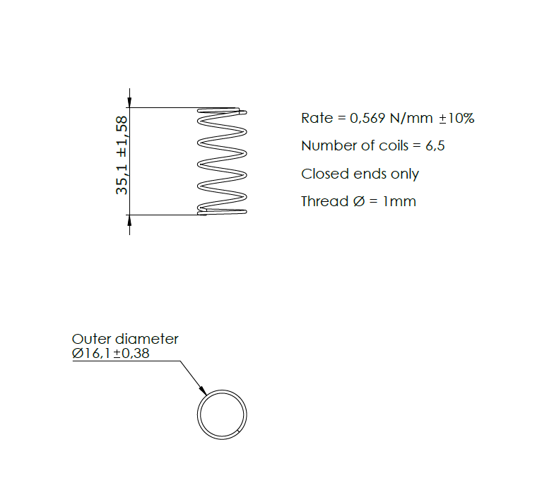 Compression spring, stainless steel, d=1mm, Dm=15,1mm, Lo=35,1mm Compression spring, stainless steel, d=1mm, Dm=15,1mm, Lo=35,1mm