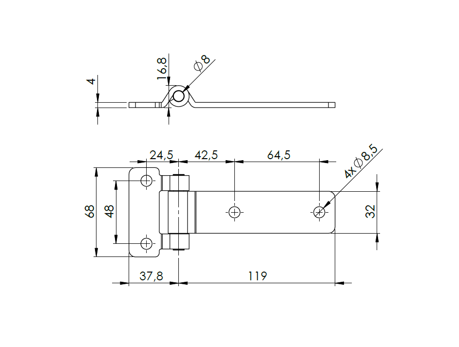 Butt hinge w/holes, acid proof stainless steel, L=156,8, B=68, T=4