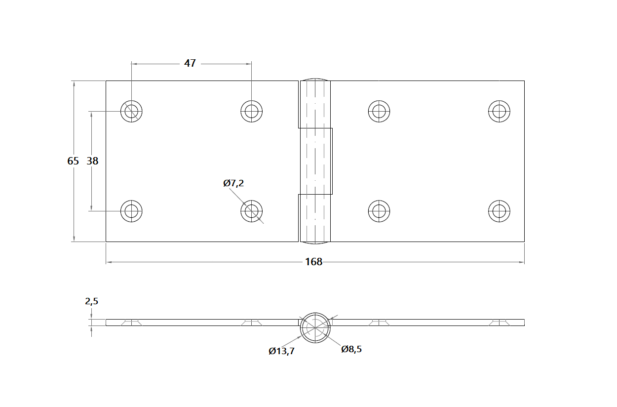 Butt hinge w/holes, steel, L=65, B=168, T=2,5