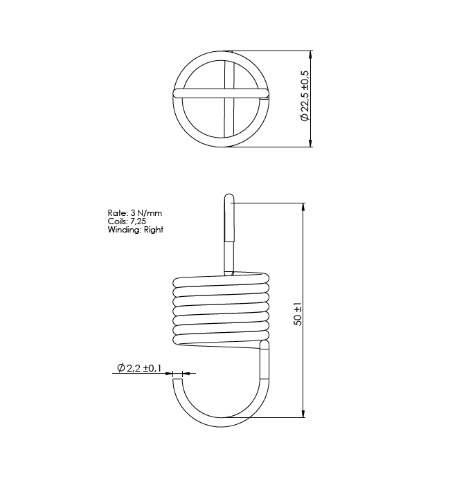 Extension spring, stainless steel, d=2,2mm, Dm=20,3mm, Lo=50mm