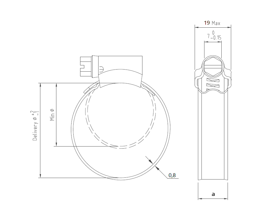 Complete hose clamp, acid proof stainless steel, Diameter range: 130-165mm, T= 0,8mm, torque= 6Nm