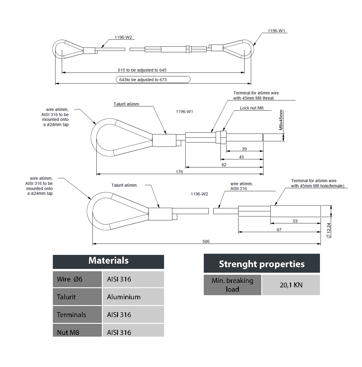 Wire assembly, acid proof stainless steel, adjustable, diameter = 6mm, L= 615-645mm