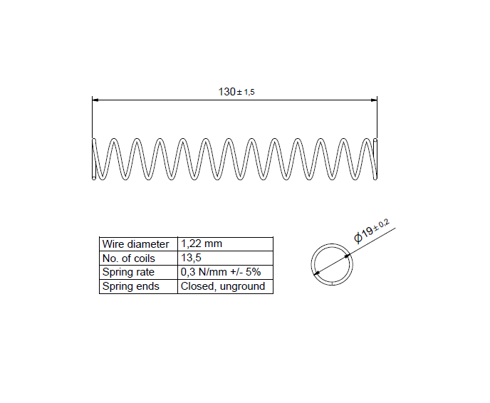 Compression spring, stainless steel, d=1,22mm, Dm=17,78mm, Lo=130mm