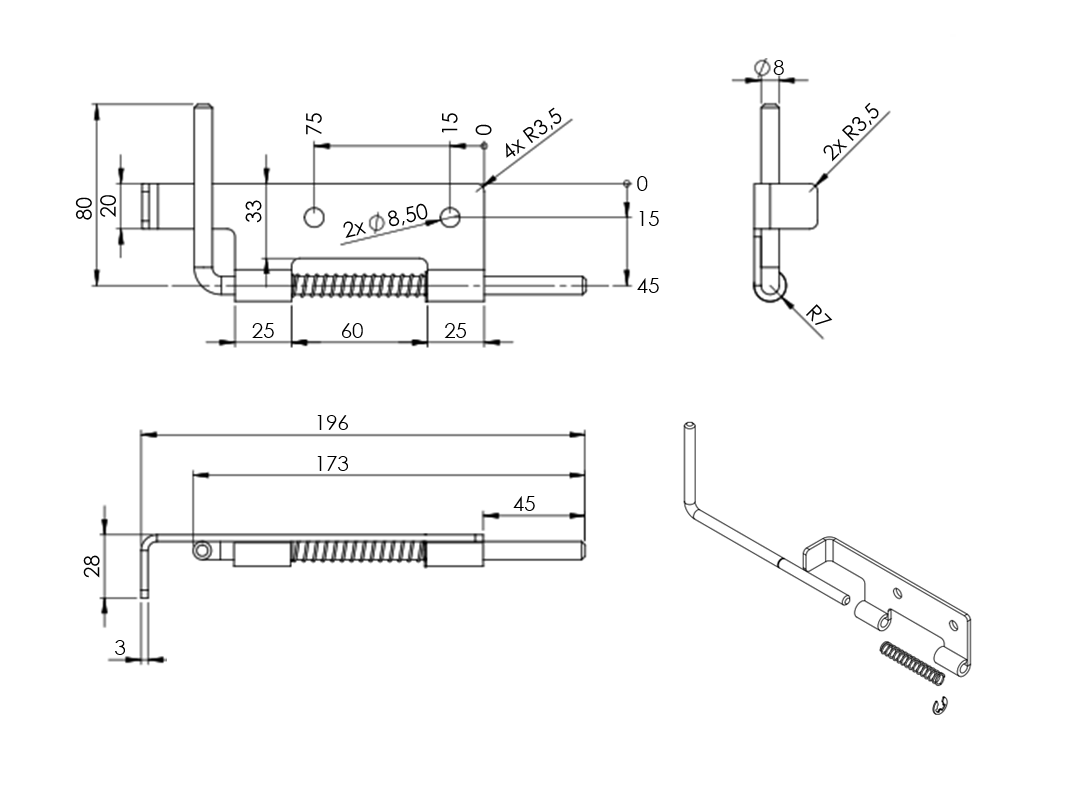 Sliding bolt, acid proof stainless steel, screw mounting, length=196, width=52, height=28