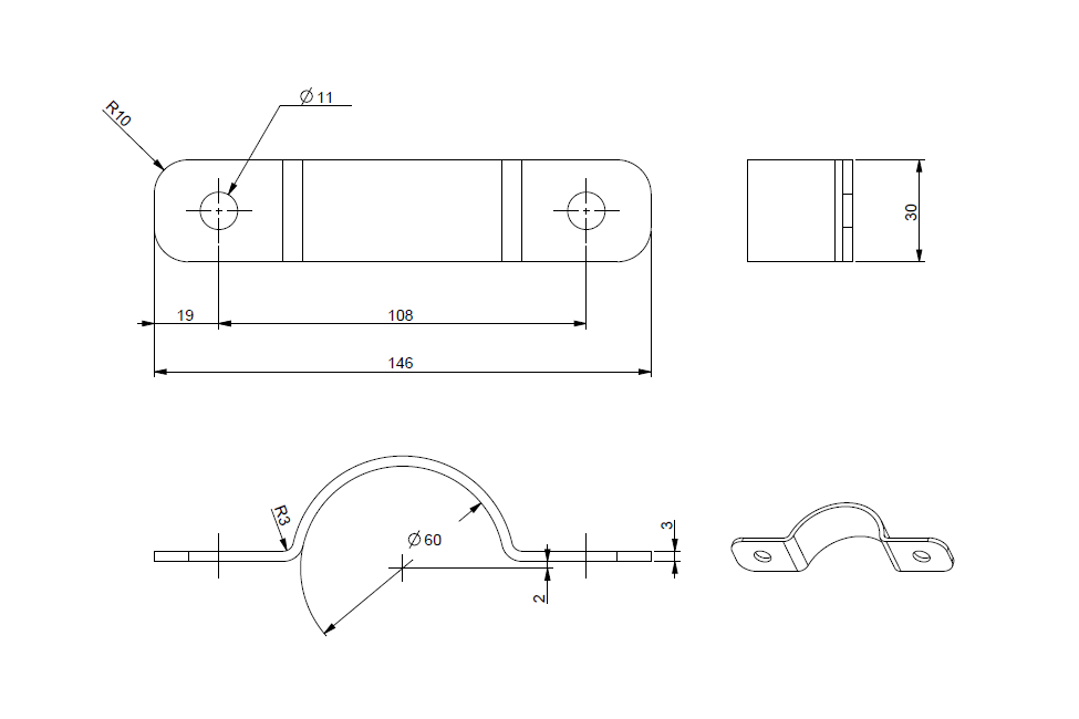 Rubber clamp heavy duty, stainless steel, D=60mm, B=30mm, hole D=11mm