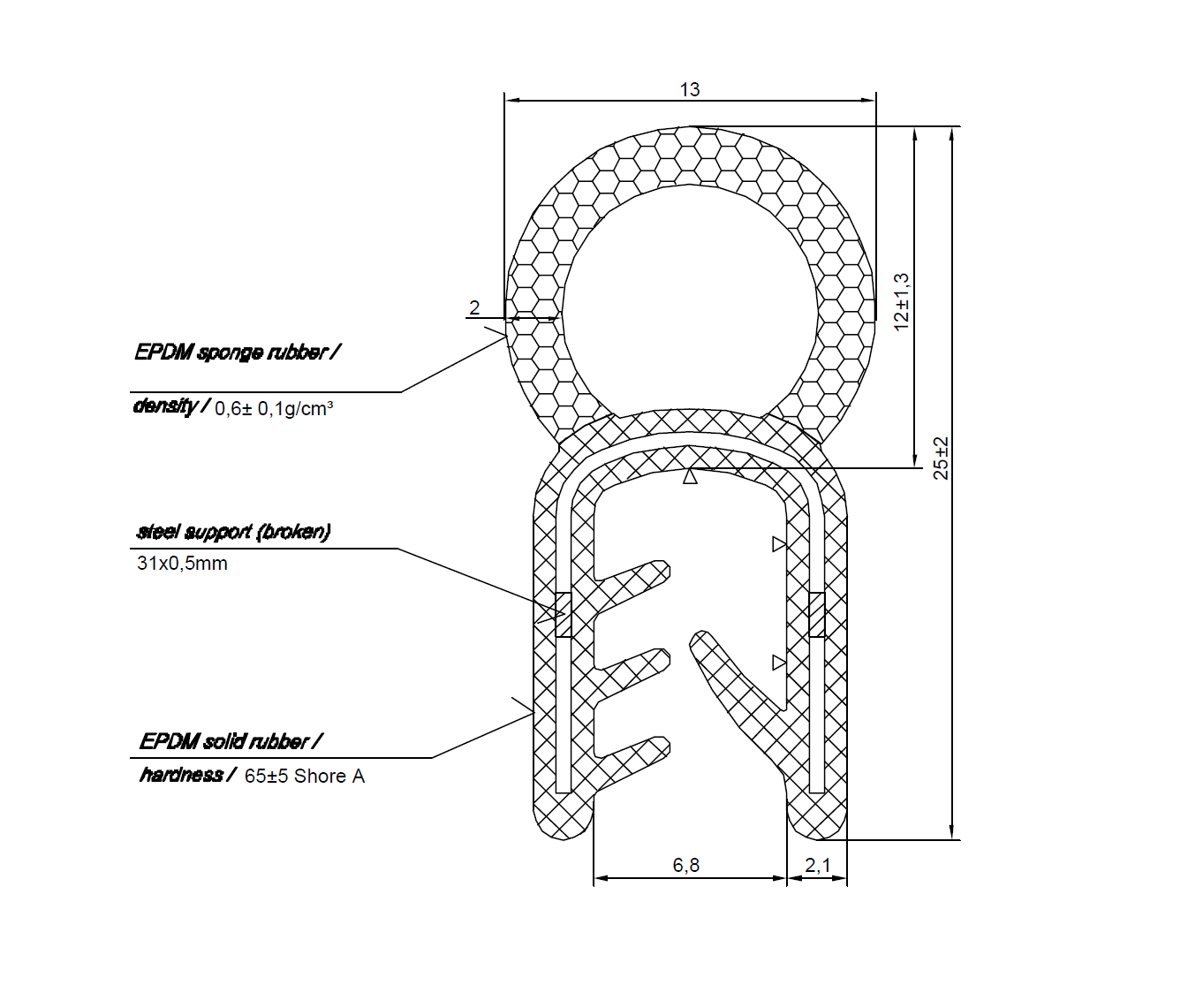 Edge profile w/top bulb, black EPDM, clamping width = mm