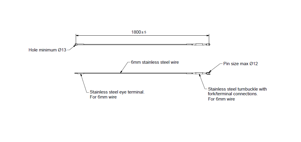 Wire assembly, stainless steel, diameter = 6mm, L= 1800mm