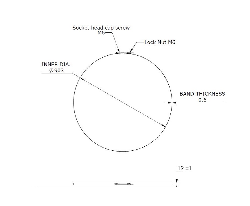 Complete hose clamp, stainless steel, Diameter range: 890-910mm, T= 0,6mm