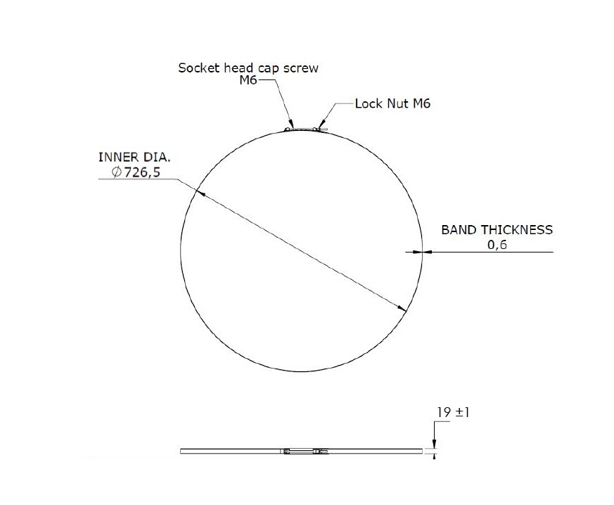 Complete hose clamp, stainless steel, Diameter range: 715-735mm, T= 0,6mm