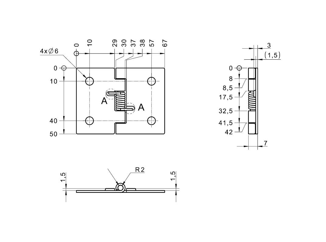 Spring hinge, stainless steel, closed, not adjustable, L=50, B=67, H=7