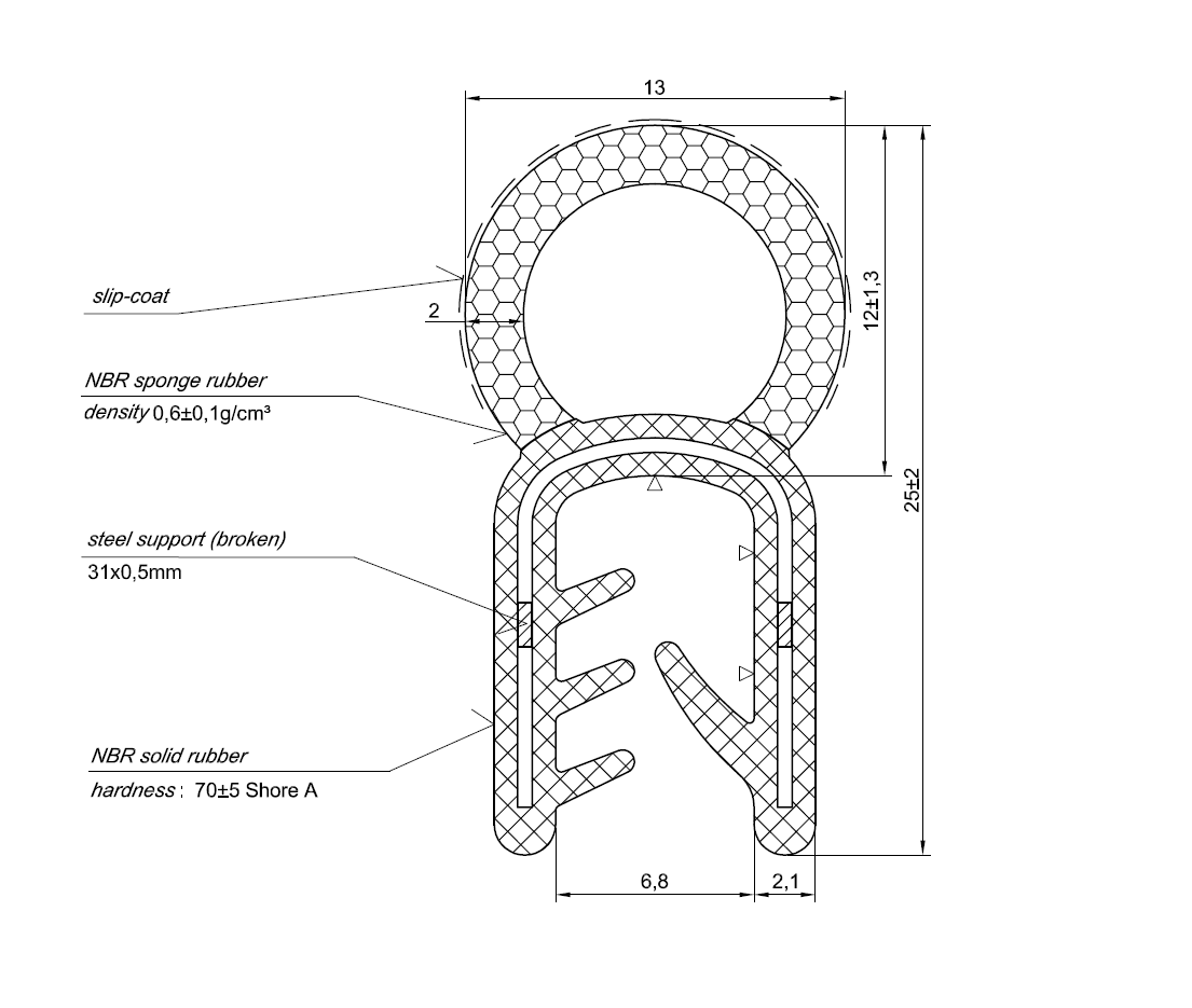 Edge profile w/top bulb, black NBR, clamping width = 6 - 8 mm