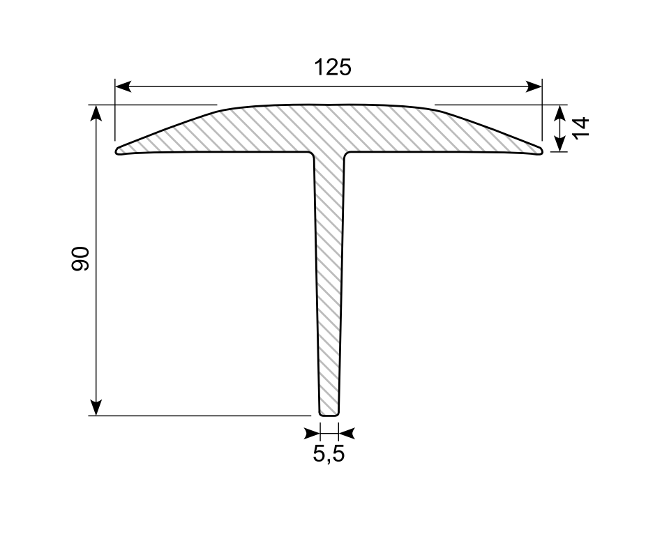 Expanded rubber without glue, t-profile, black epdm, W=125, H=90