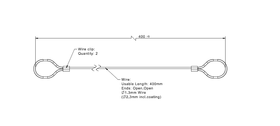 Wire assembly, steel, diameter = 1,3 - 2,3mm, L= 400mm