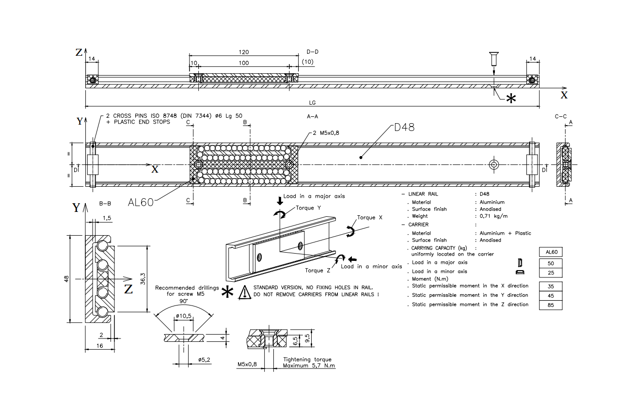 Carrier, aluminium, length =120 mm, load capacity = 50kg