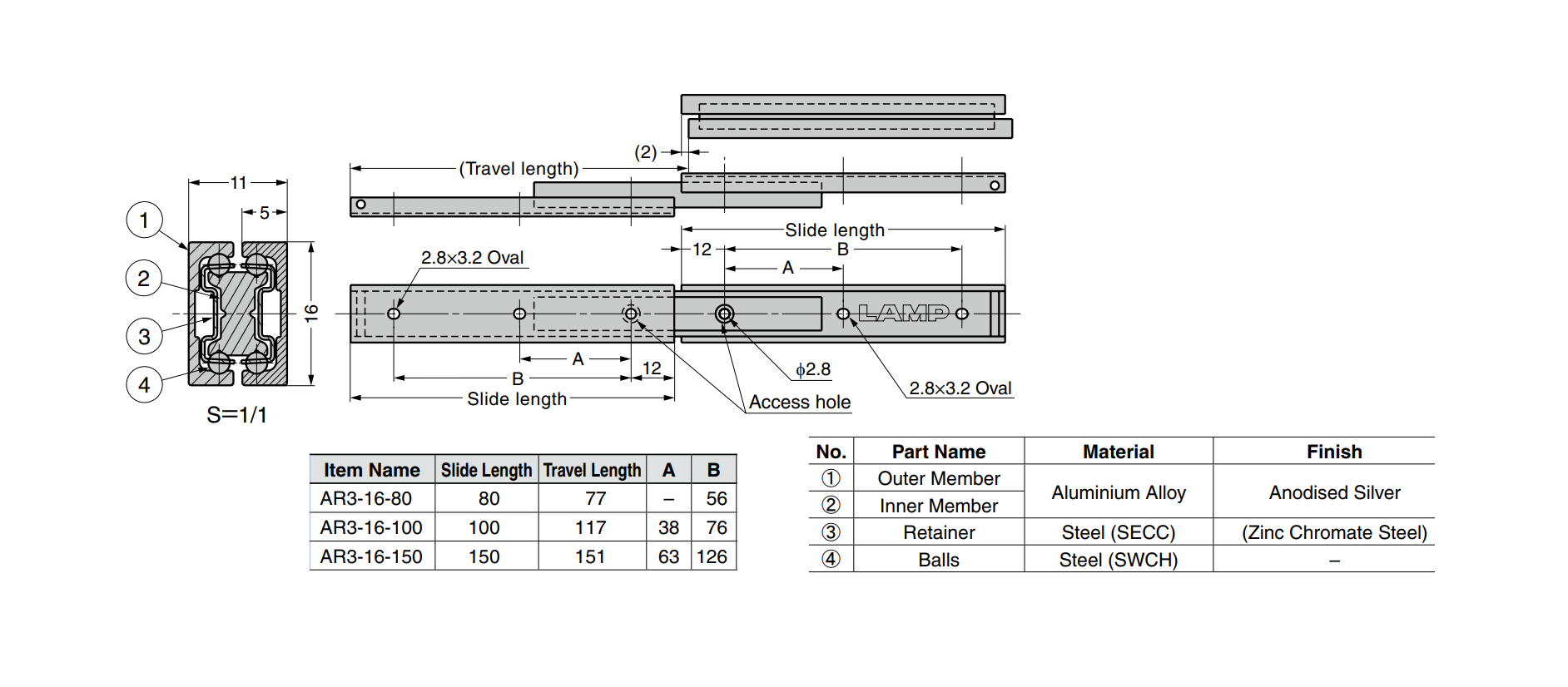 Drawer Slide, aluminium, extension lenght  =151 mm and load capacity of 4 kg