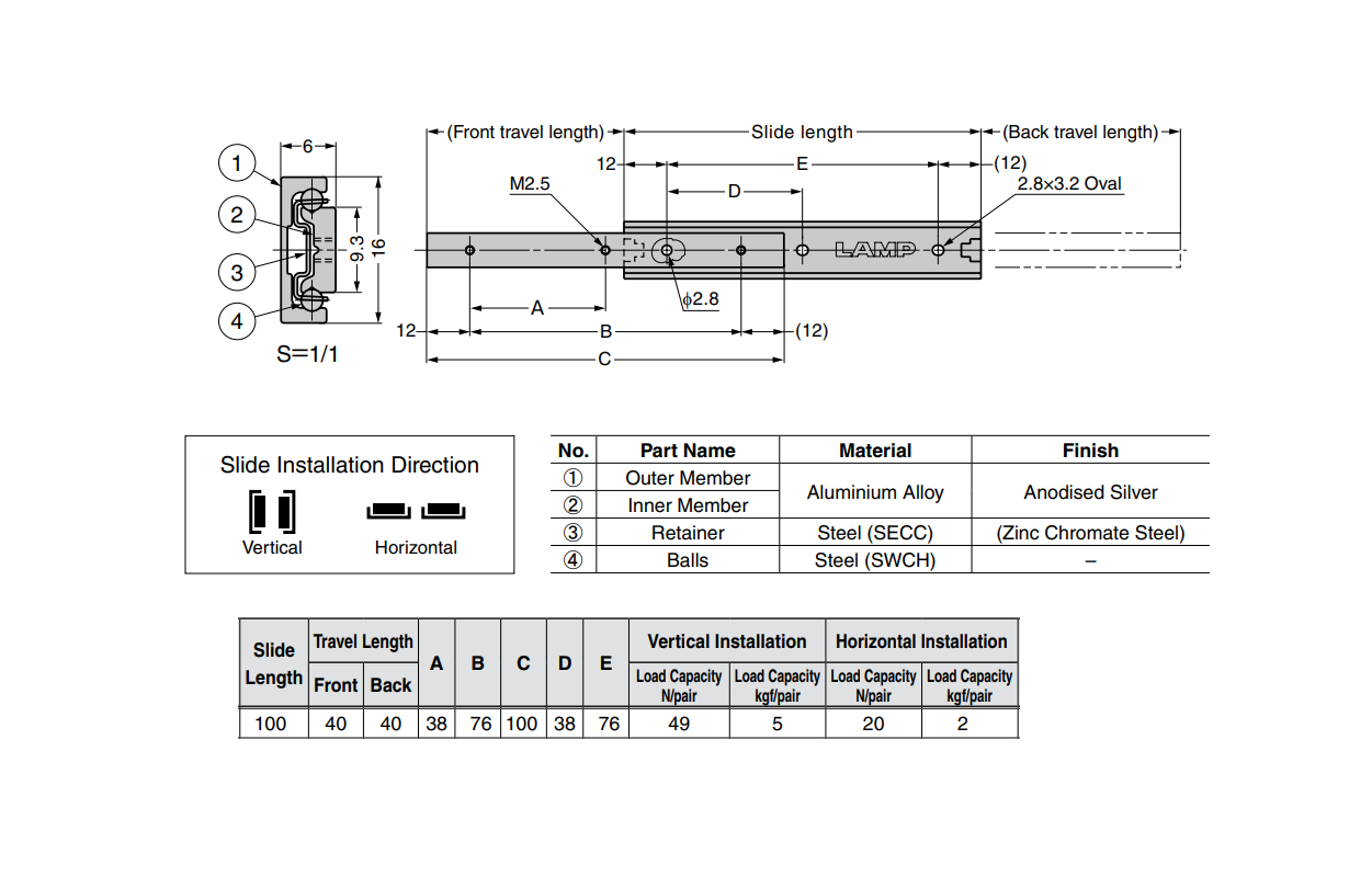 Drawer Slide, aluminium, extension lenght  =40 mm and load capacity of 5 kg