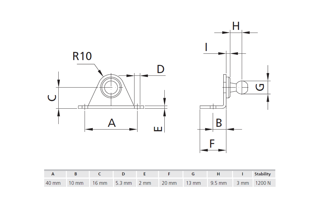 Bracket, acid proof stainless steel, outward angled ball, ball diameter = 13 mm