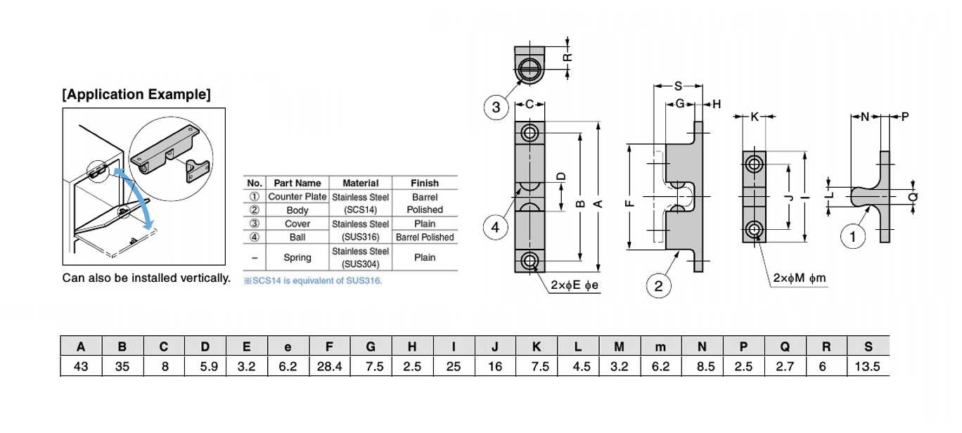 Tension catch, acid proof stainless steel, screw mounting, length=43, width=8, height=10