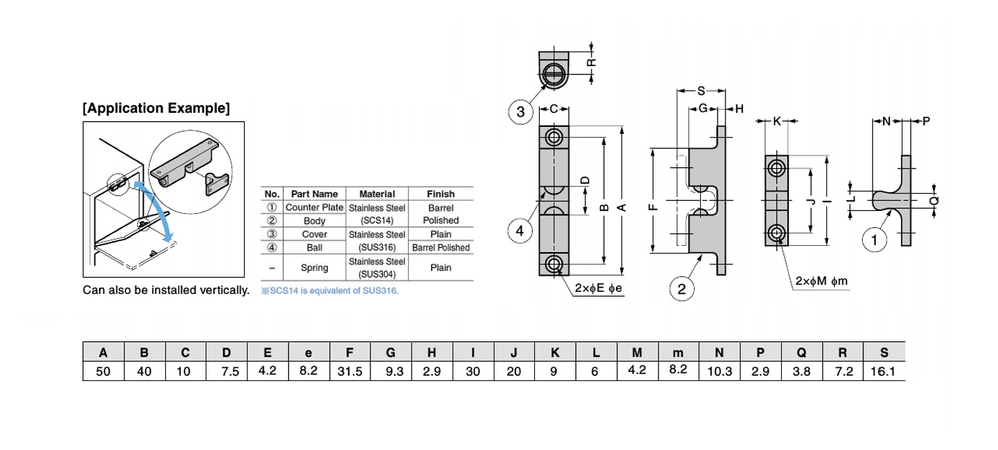 Tension catch, acid proof stainless steel, screw mounting, length=50, width=10, height=12,2