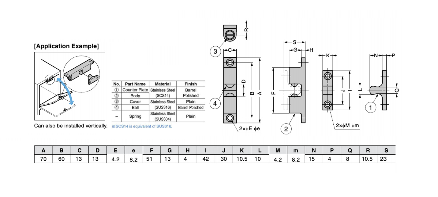 Tension catch, acid proof stainless steel, screw mounting, length=70, width=13, height=17