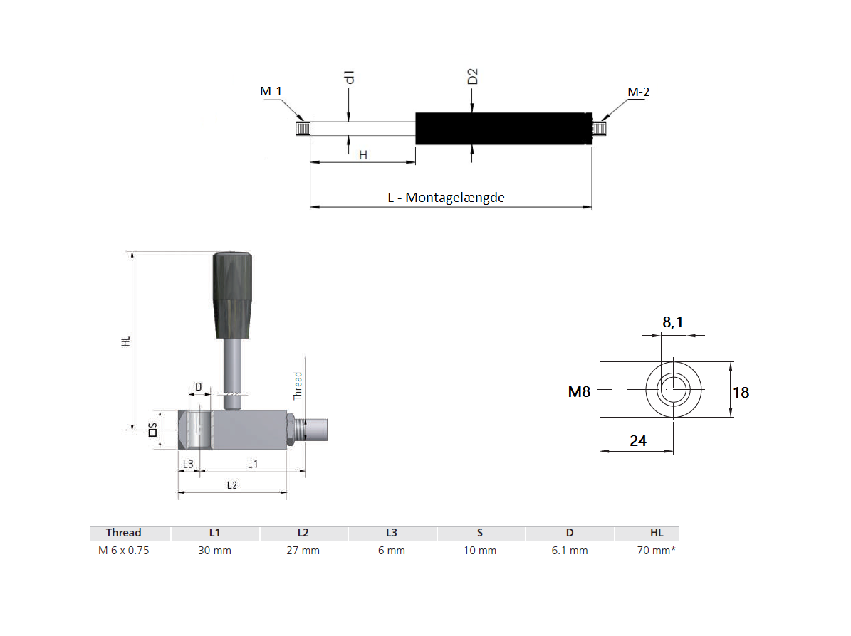 Blocklift, steel, force = 400 N, stroke = 60 mm, M6x0,75