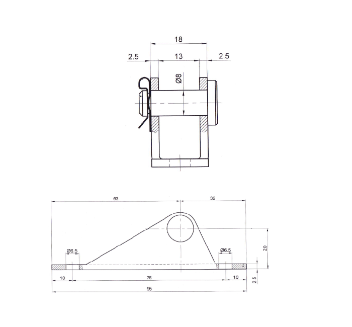 Bracket, steel, u-shape axis, axis diameter = 8 mm