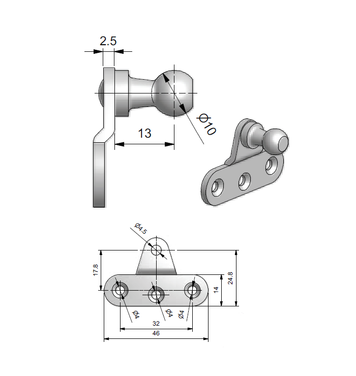Bracket, steel, flat ball, ball diameter = 10 mm