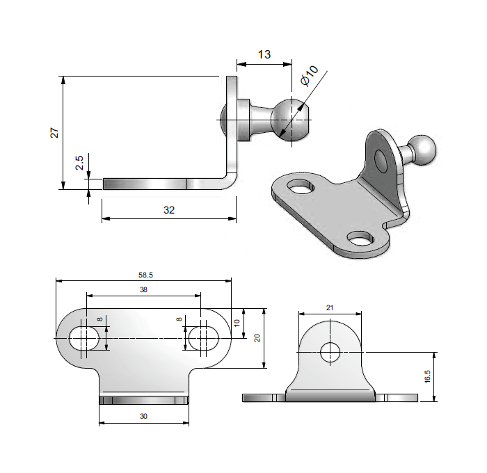 Bracket, steel, outward angled ball, ball diameter = 10 mm