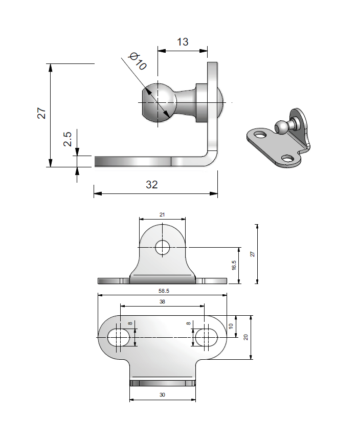 Bracket, steel, inward angled ball, ball diameter = 10 mm