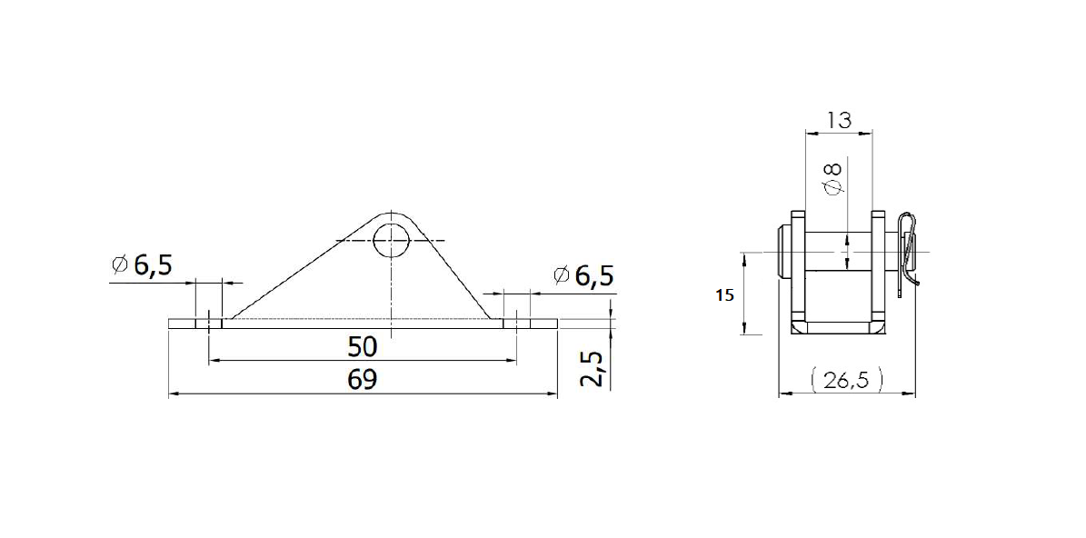 Bracket, steel, u-shape axis, axis diameter = 8 mm