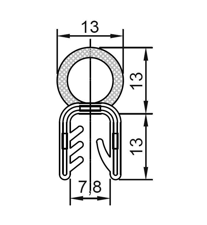 Edge profile w/top bulb, black EPDM, clamping width = 4 - 7 mm