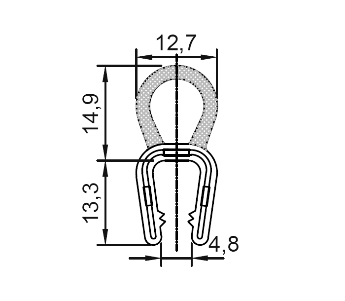 Edge profile w/top bulb, black EPDM, clamping width = 5 - 7 mm
