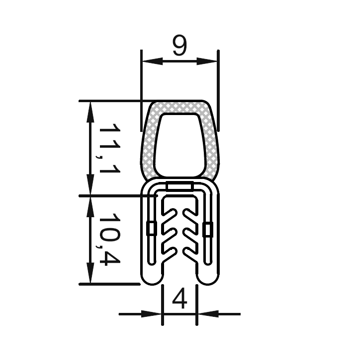 Edge profile w/top bulb, black EPDM, clamping width = 1 - 2 mm