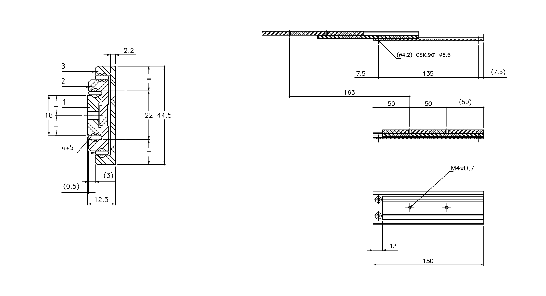 Drawer Slide, aluminium, extension lenght  =163 mm and load capacity of 22 kg