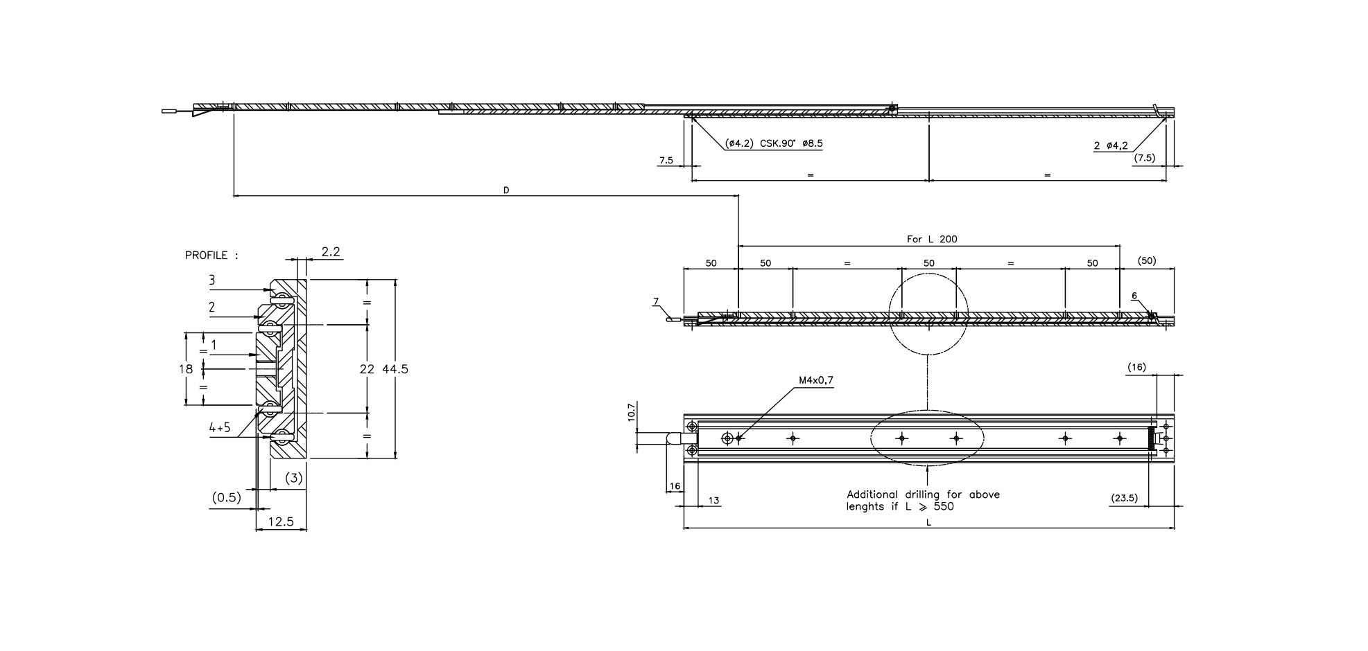 Drawer Slide, aluminium, extension lenght  =563 mm and load capacity of 40 kg