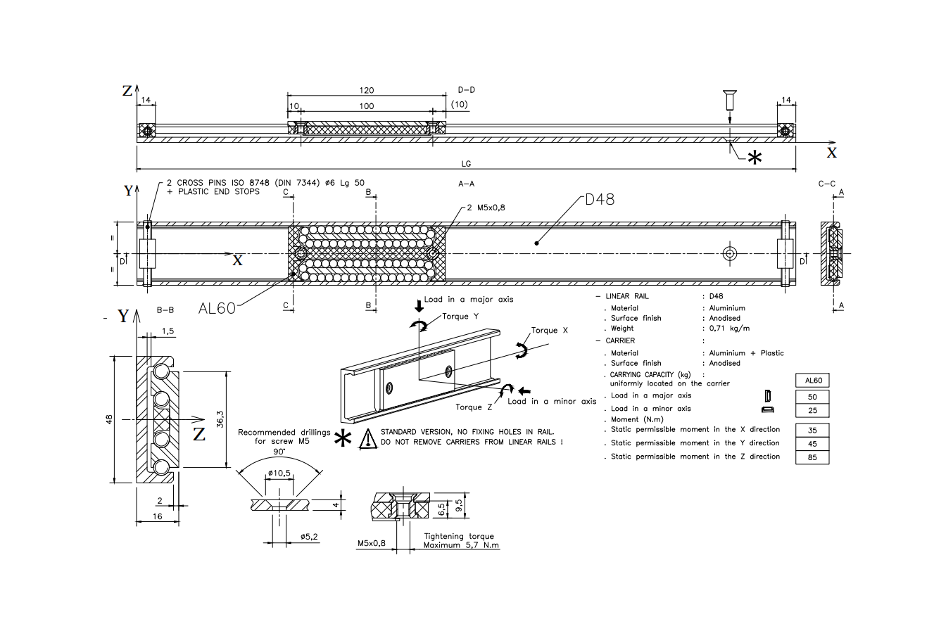 Rail, aluminium, length =700 mm, load capacity = 50kg