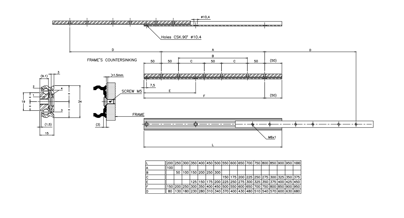 Drawer Slide, aluminium, extension lenght  =180 mm and load capacity of 40 kg