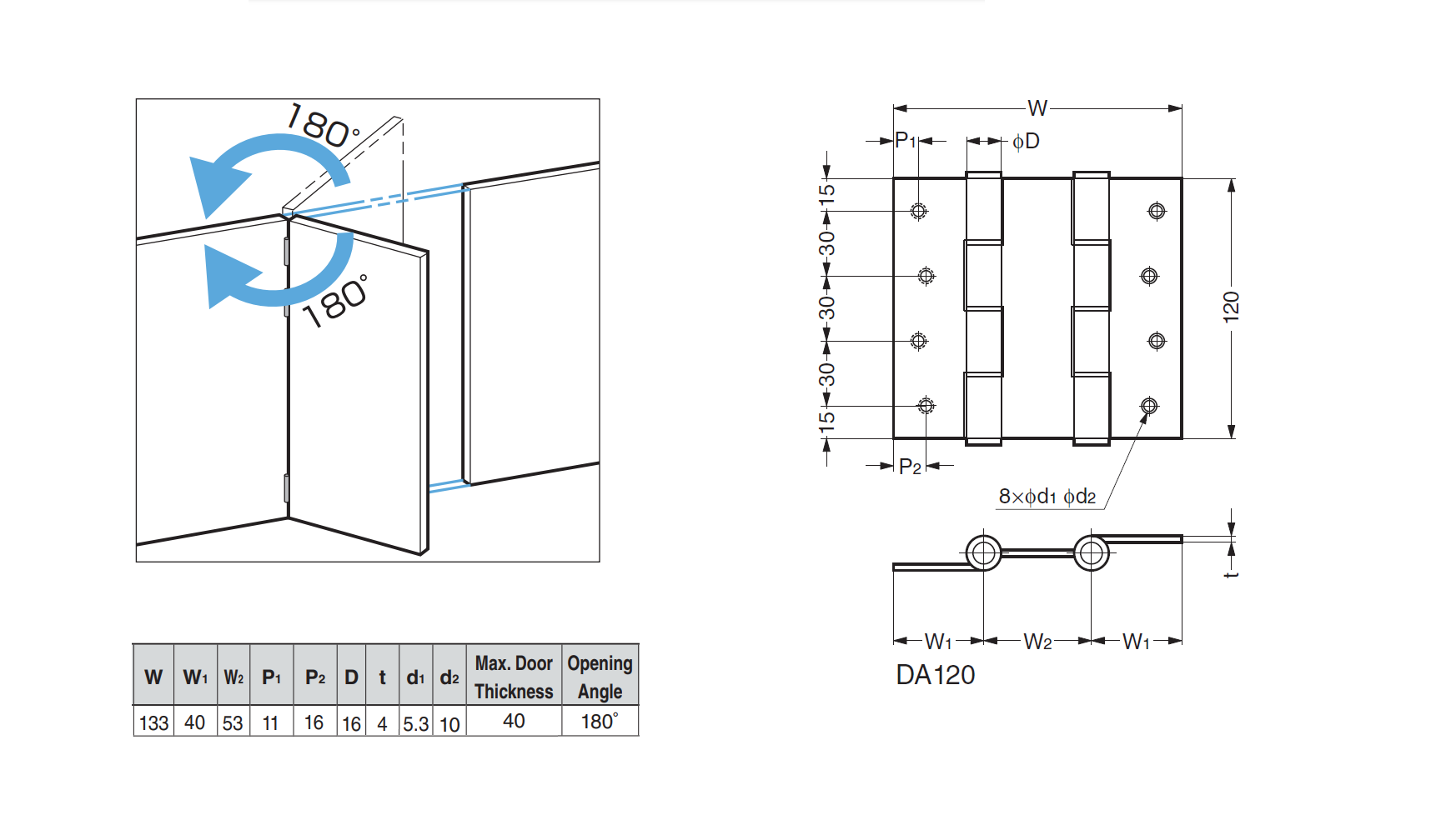 Spring hinge, aluminium, open, adjustable, L=120, B=133, H=16