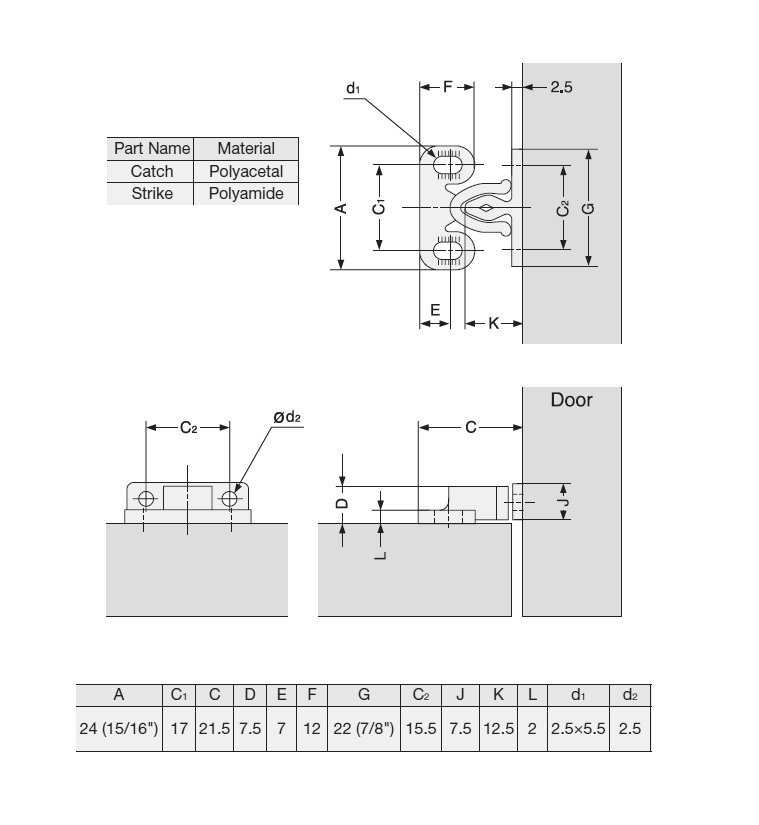 Knuckle catch, pom plastic, screw mounting, length=24, width=19, height=7,5